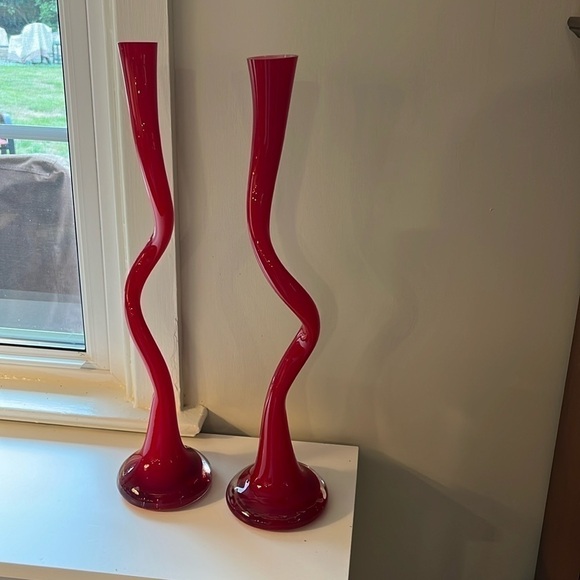 Other - Vintage MCM Twisted Art Glass Vase Retro Red 20” tall 2” wide Statement Piece